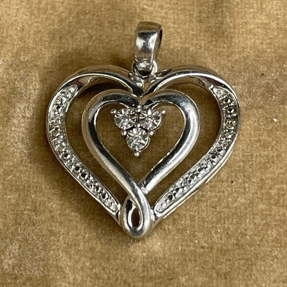 925 Sterling Silver Diamond Chip Open Heart Pendant Marked RJ